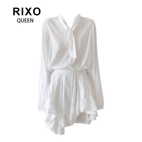RIXO QUEEN肌理感荷叶边不规则长袖连衣裙早秋通勤显瘦收腰衬衫裙