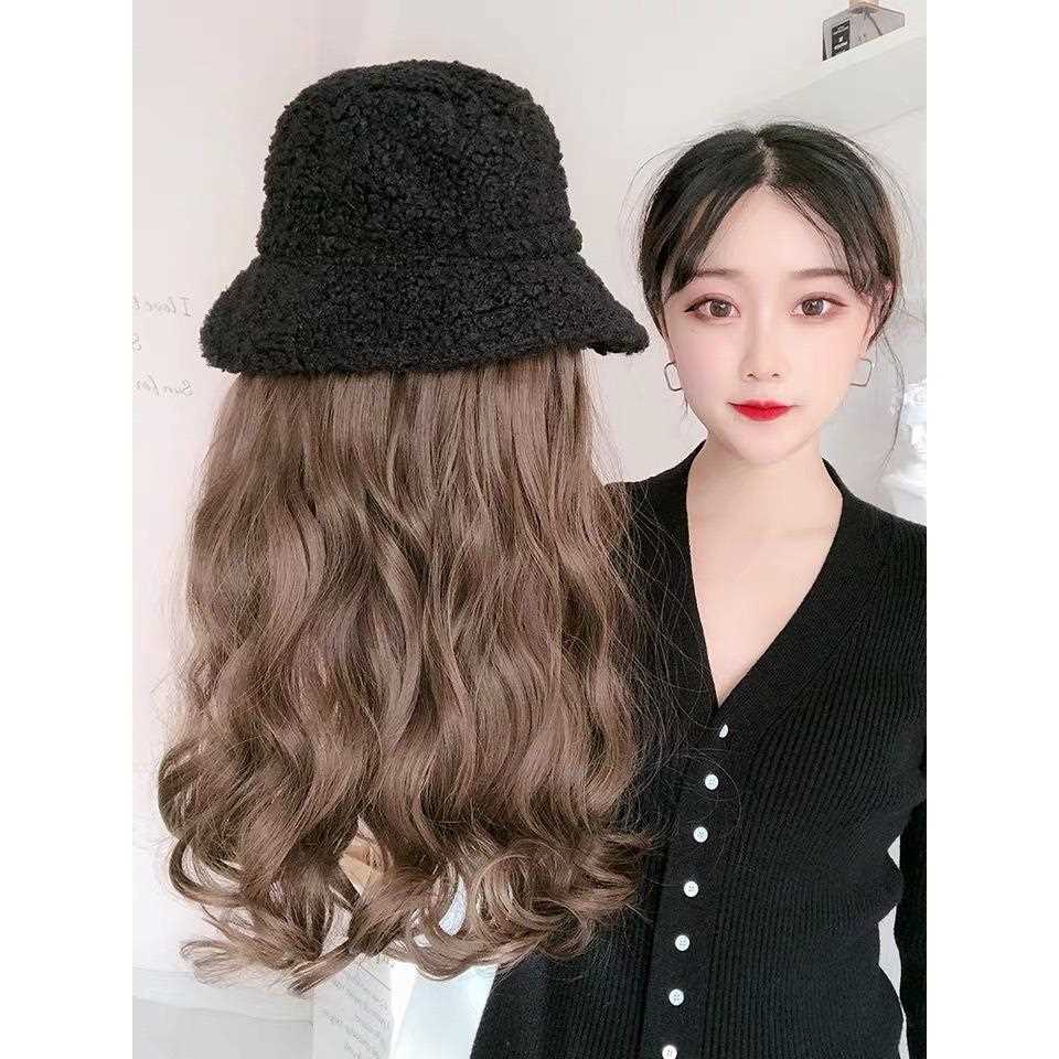 新款直销假发女长发羊羔毛渔夫帽子假发女羊毛卷长卷发自然网红发