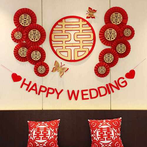 新款直销中式喜字纸扇花结婚婚房布置装饰婚礼背景墙新房女方创意