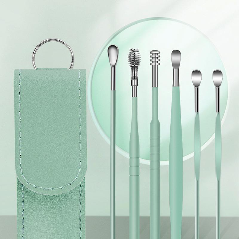 直销新款挖耳勺六件套套装带皮套家用旋转弹簧防滑老式采耳工具掏