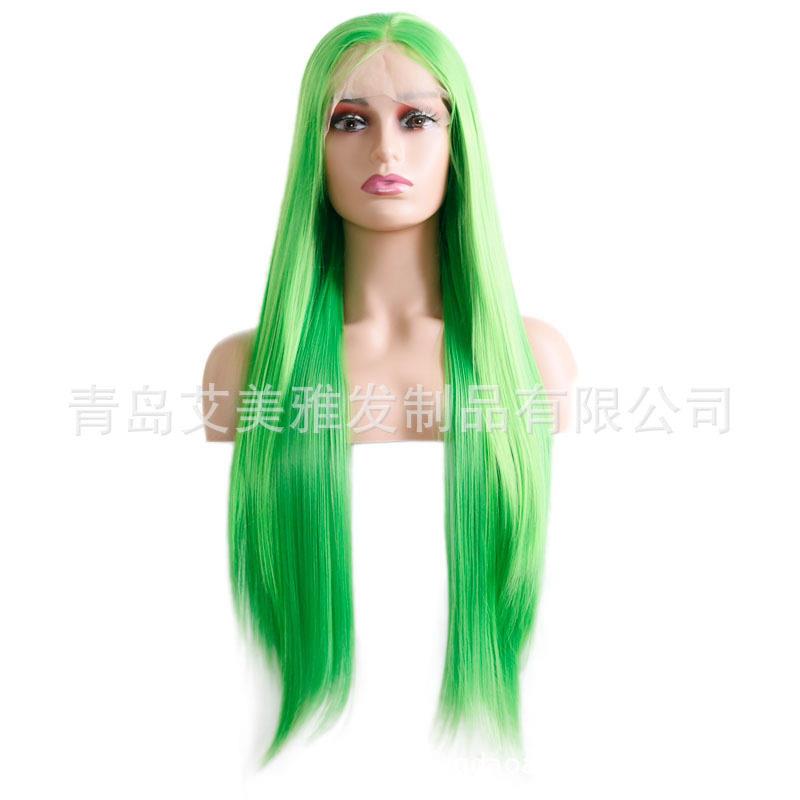 新款直销欧美假发绿色女士发套亚马逊前蕾丝化纤中长自然直发工厂