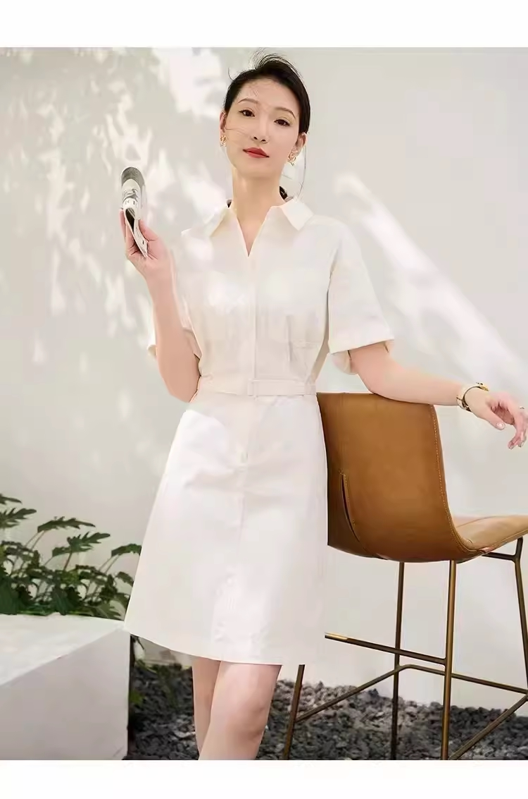 简约收腰醋酸纯色通勤连衣裙