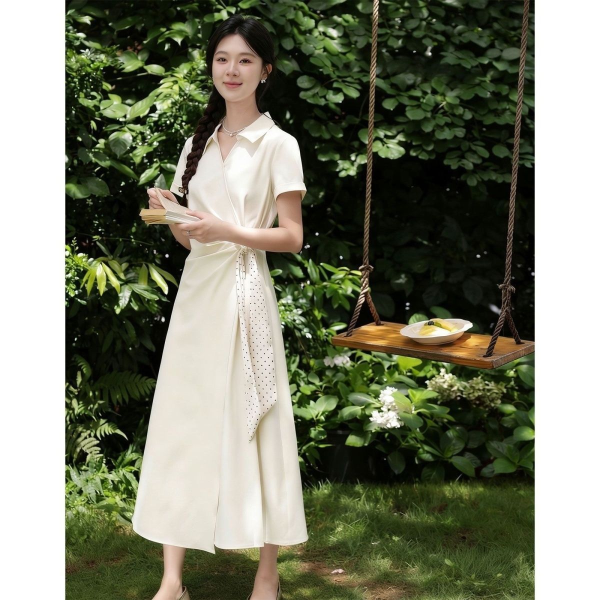 2026夏季雅致通勤简单大方法式气质短袖衬衫连衣裙女夏季长裙