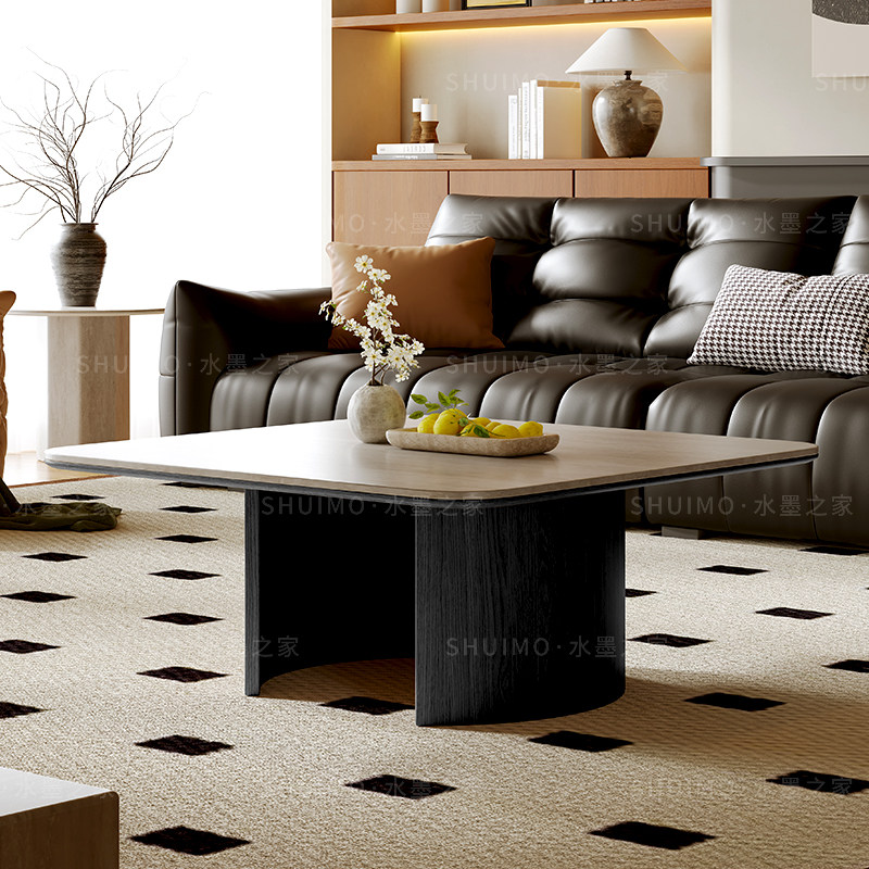 德利丰侘寂风洞石岩板茶几方形客厅小户型设计师中法式复古风艺术
