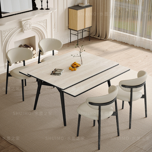 可伸缩德利丰岩板餐桌实木变长小户型长方形白蜡木中古风折叠桌子