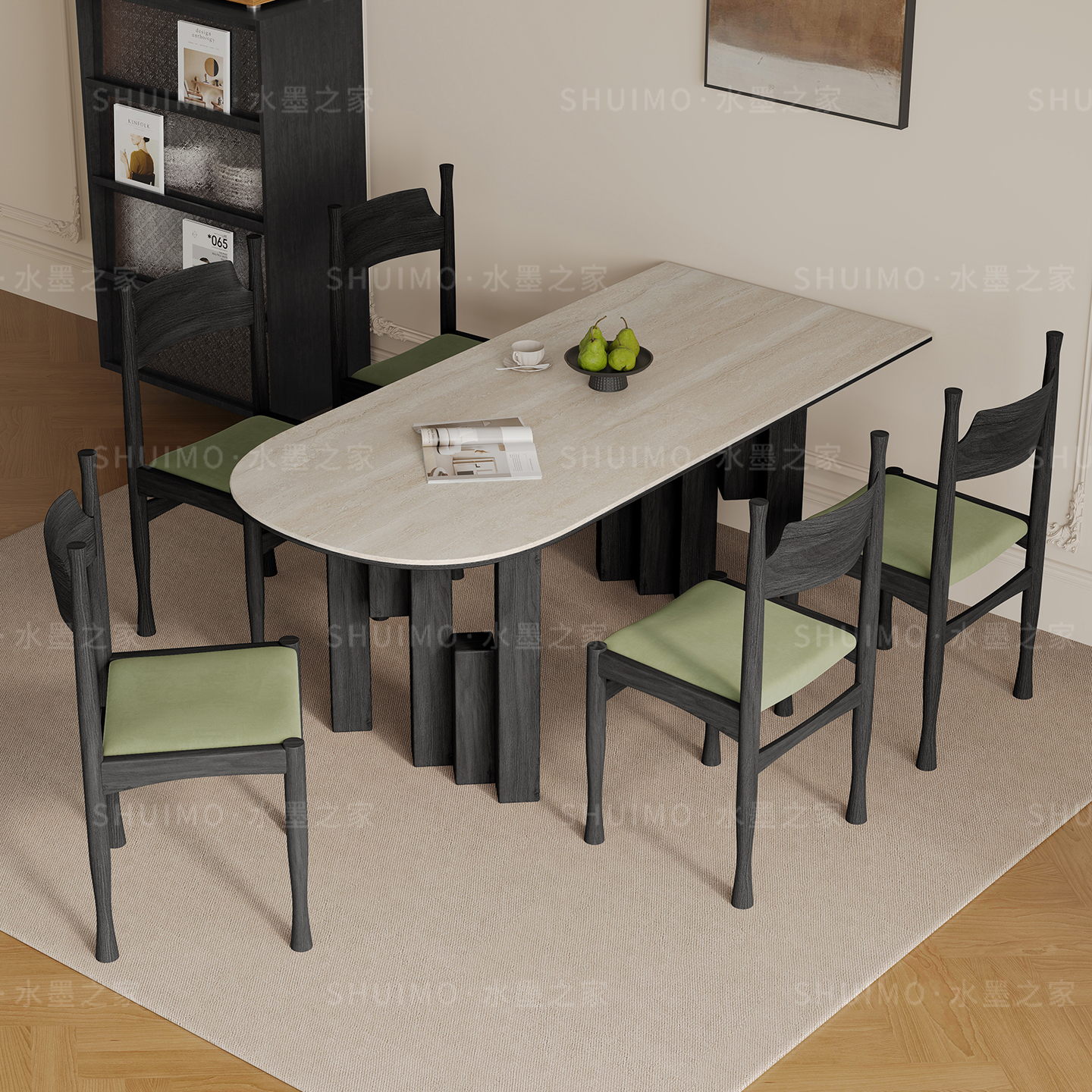 德利丰岩板洞石法式餐桌家用小户型轻奢奶油黑色长方形餐桌子客厅