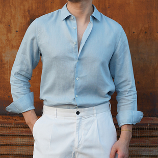 100%亚麻衬衫男士衬衣夏季长袖衬衣高端商务休闲穿搭男