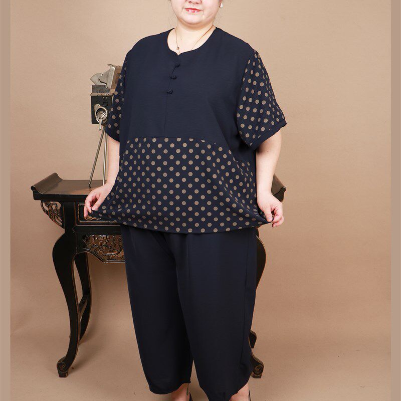 妈妈短袖夏装薄款中老年女装加肥加大码200斤胖奶奶休闲两件套装