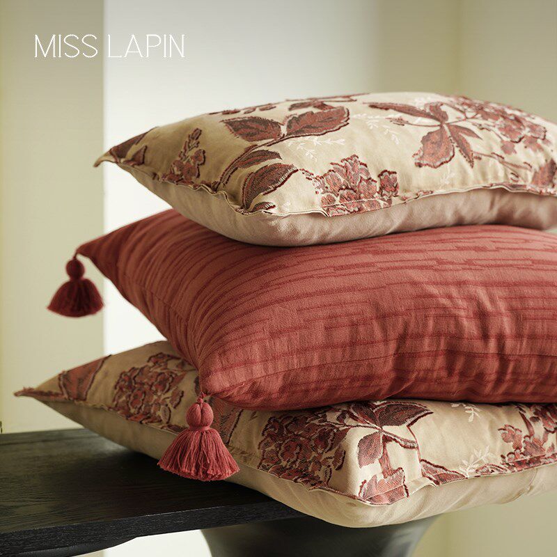 澜品花序红色纯棉吊穗抱枕客厅靠枕沙发腰枕新中式枕套靠垫