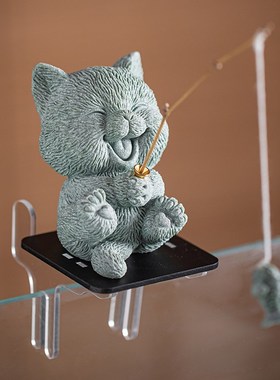 可爱治愈系小猫钓鱼茶宠摆件创意钓鱼台底座萌猫垂钓鱼缸造景装饰