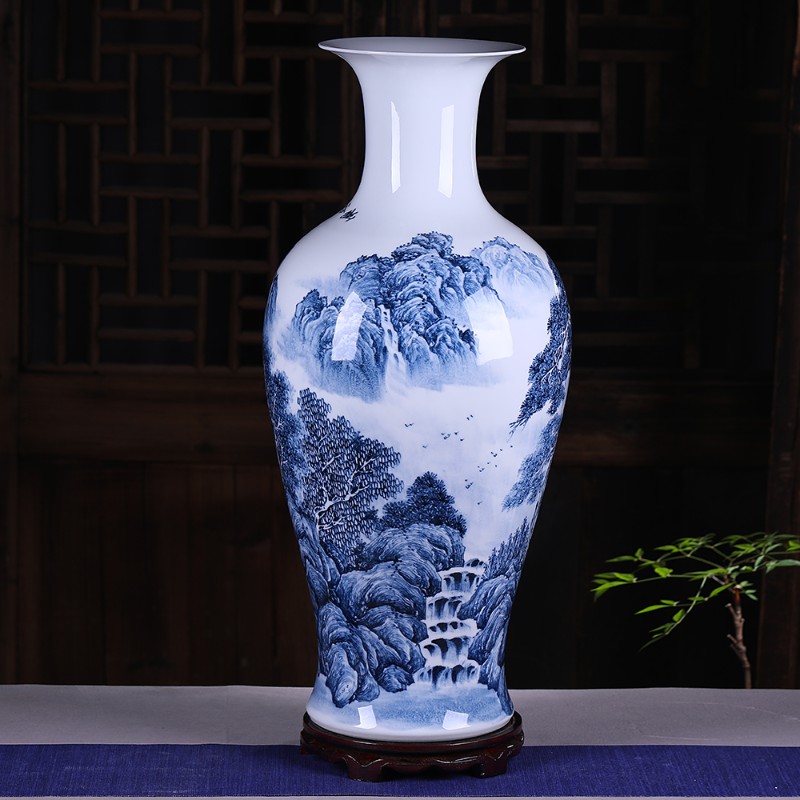 景德镇陶瓷器落地花瓶名师手绘大号青花山水中式客厅百搭装饰乔迁