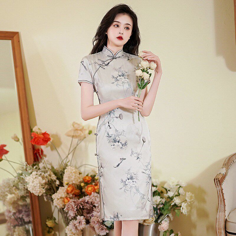 新中式旗袍中国风黑底红花素雅短袖双层中长款小个子日常年轻款女