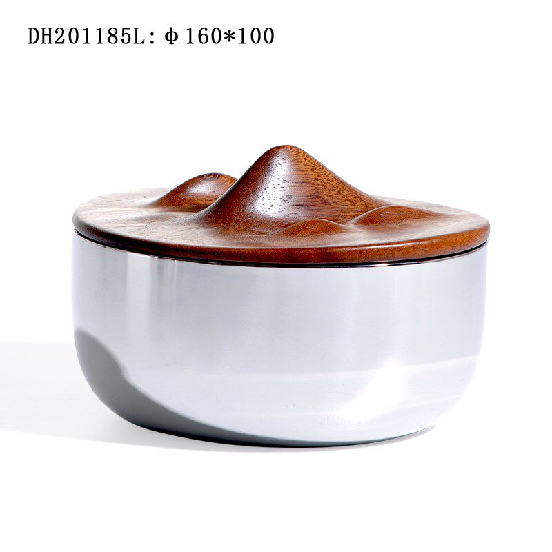 新中式圆形金属收纳罐储物盒子实木盖子客厅茶几电视柜装饰品摆件