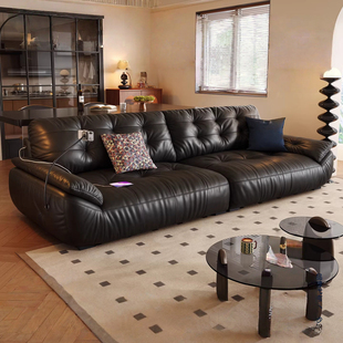 云朵真皮沙发头层牛皮意式复古三人直排客厅黑色中古太空云端沙发