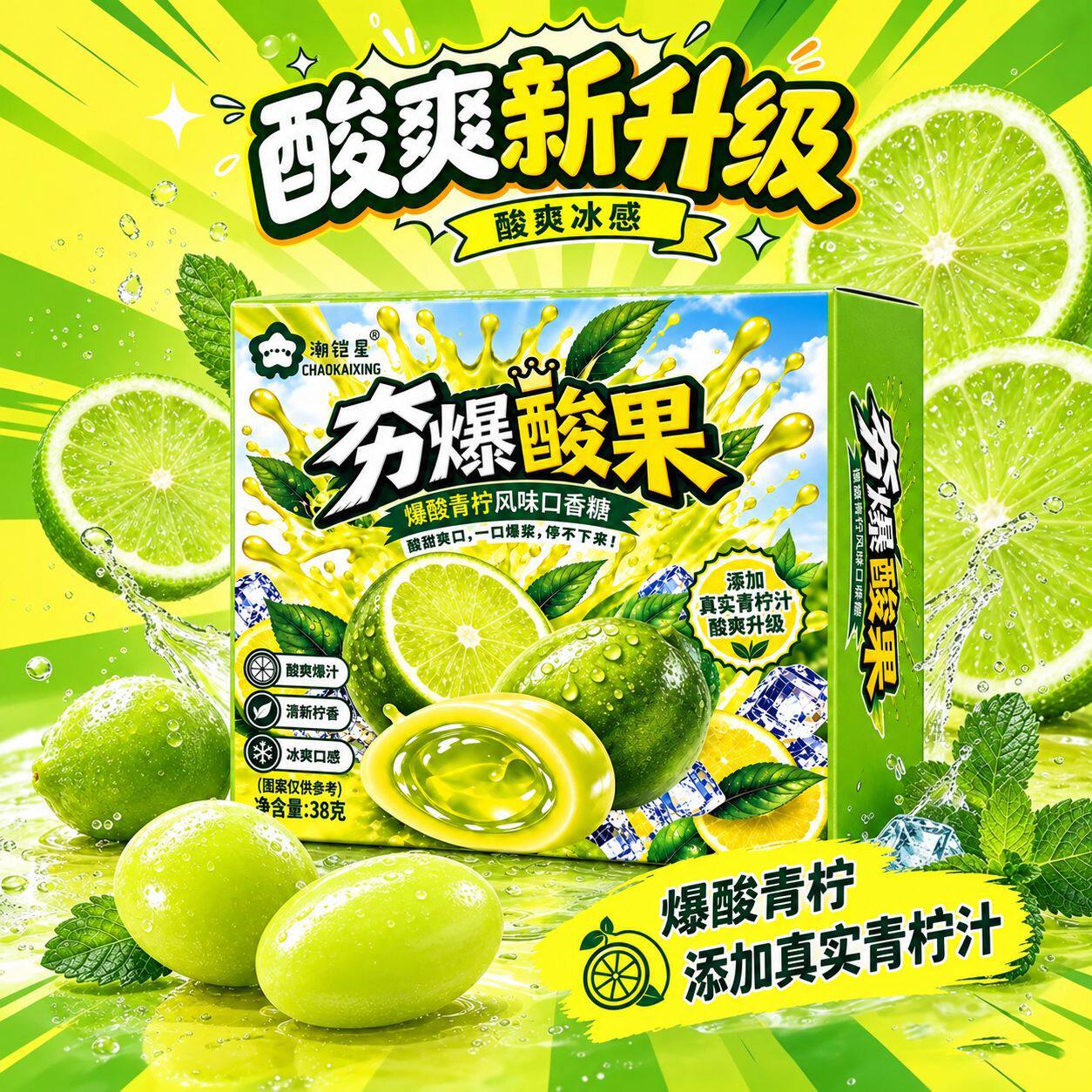 夯爆爽果青柠檬风味口香糖冰爽爆珠口气清新润喉草本植萃盒装糖果