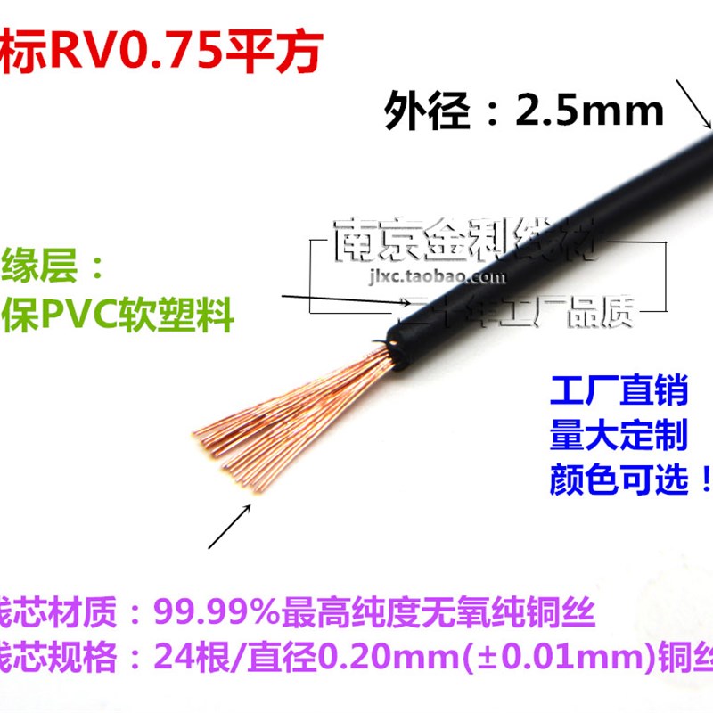 国标纯铜 RV0.75平方单芯多股软铜线 电源线信号线控制电线100米
