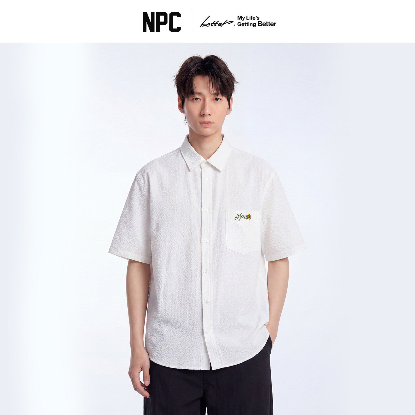 NPC潮牌100棉短袖衬衫男刺绣夏季清爽百搭衬衣官方正品假一赔十图片