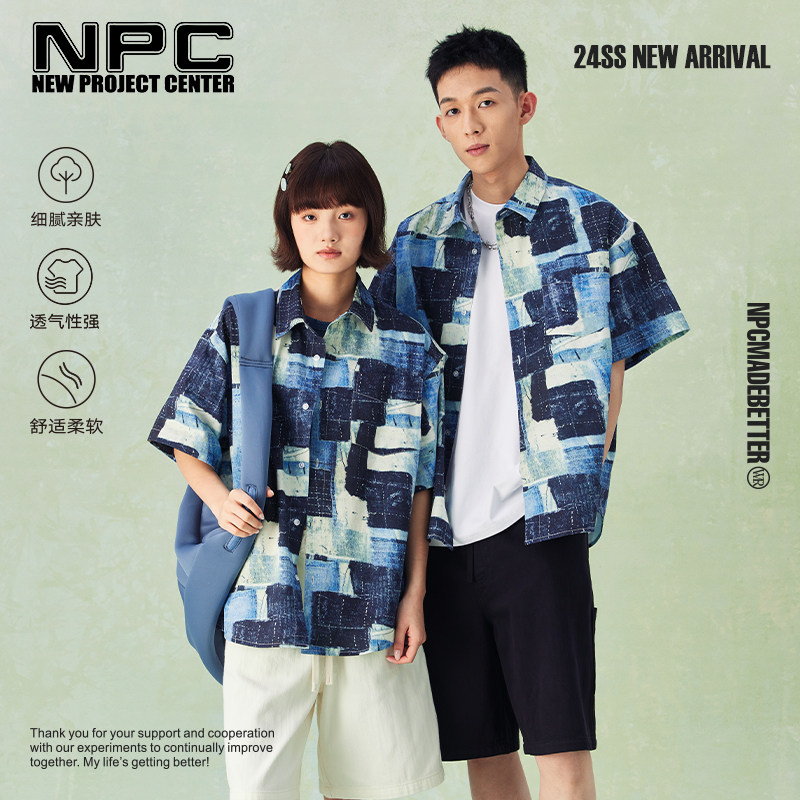 NPC潮牌复古纯棉休闲格纹短袖衬衫撞色情侣外套官方正品假一赔十图片