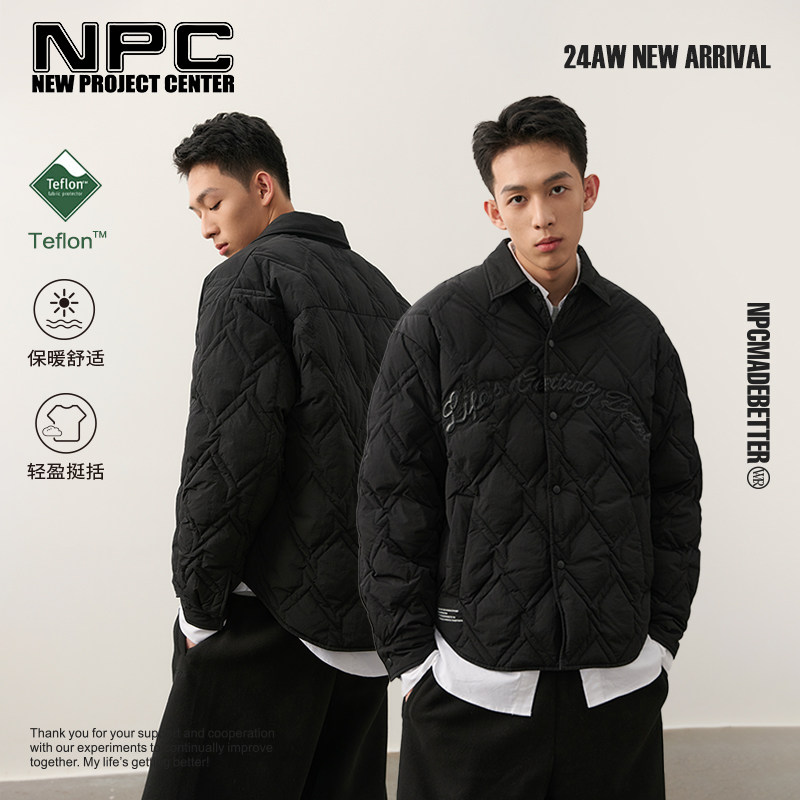 NPC字母刺绣鸭绒菱形格纹翻领羽绒服男三防保暖官方正品假一赔十