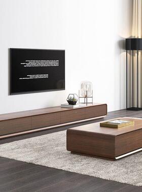 实电视柜中古风极简全木风地柜胡桃色小款户型客厅窄落地FUY整装