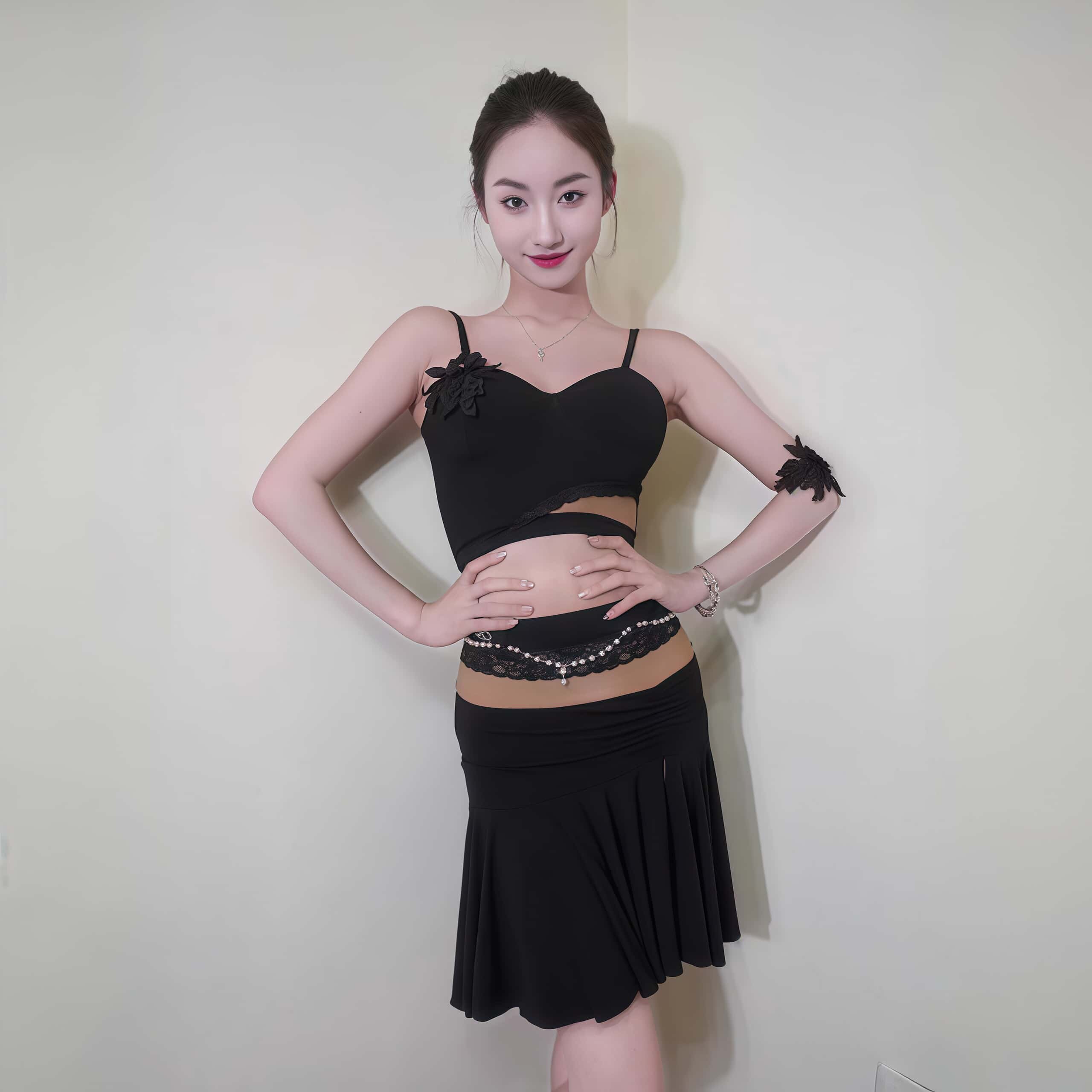 2026夏季新款拉丁舞服成人女练习服蕾丝拼接吊带珍珠高开叉半身裙