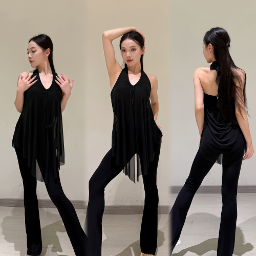 女拉丁舞挂脖V领网纱国标练习服