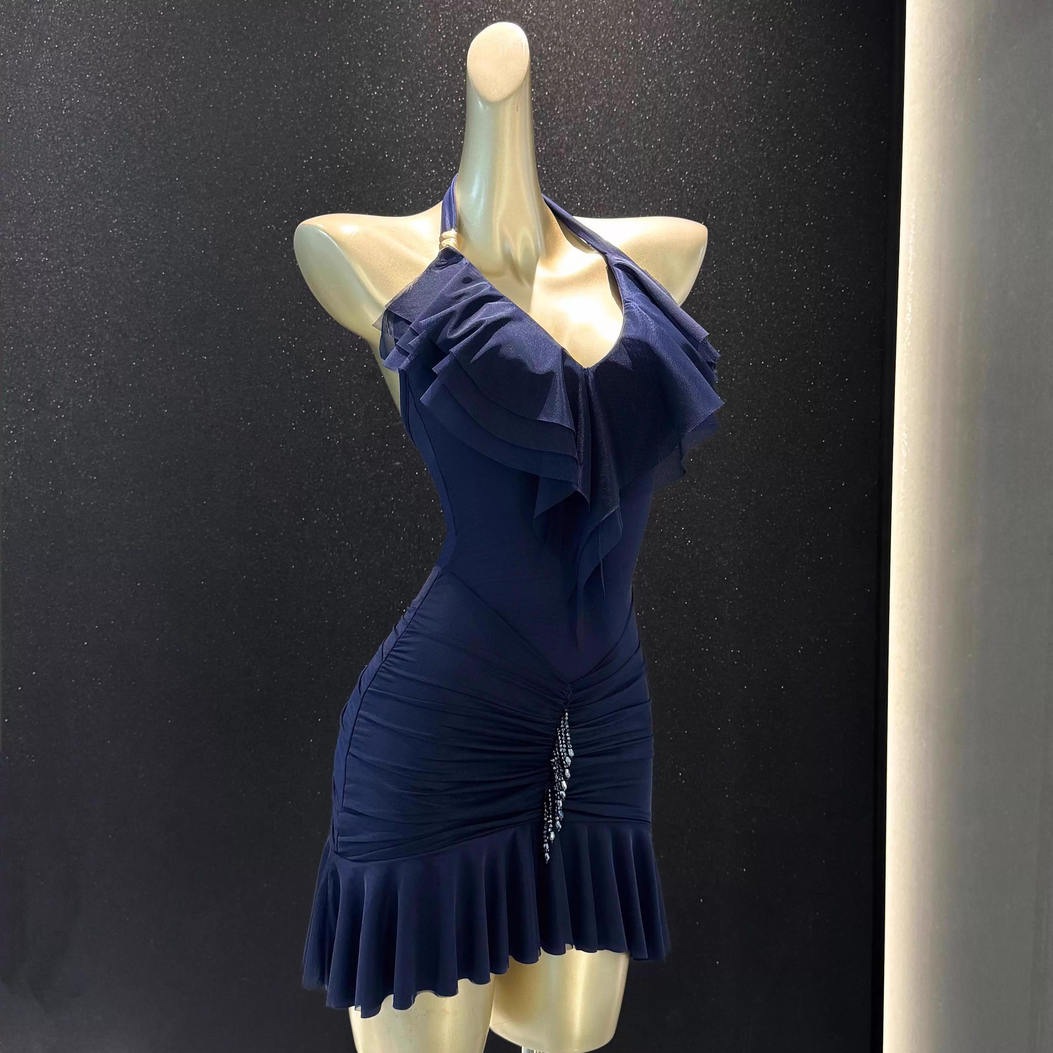 2026新款拉丁舞服女成人藏蓝色挂脖连衣裙高级感舞蹈服拉丁舞裙