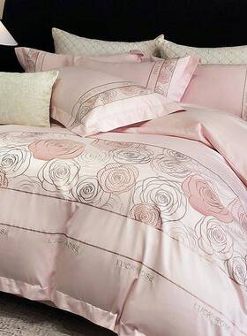 新少密女GSU心轻奢高支高全棉高档被花卉刺绣四款件套套陪嫁床上