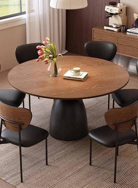 中风实木岩板餐圆桌古家桌用圆形饭白蜡木法式DPQ复古黑色实木圆