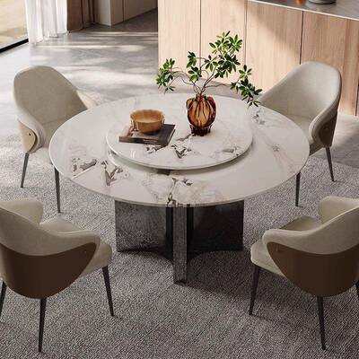 现代约圆桌圆带转盘意板式极简高端轻奢形餐ZJX桌家简用岩餐桌椅