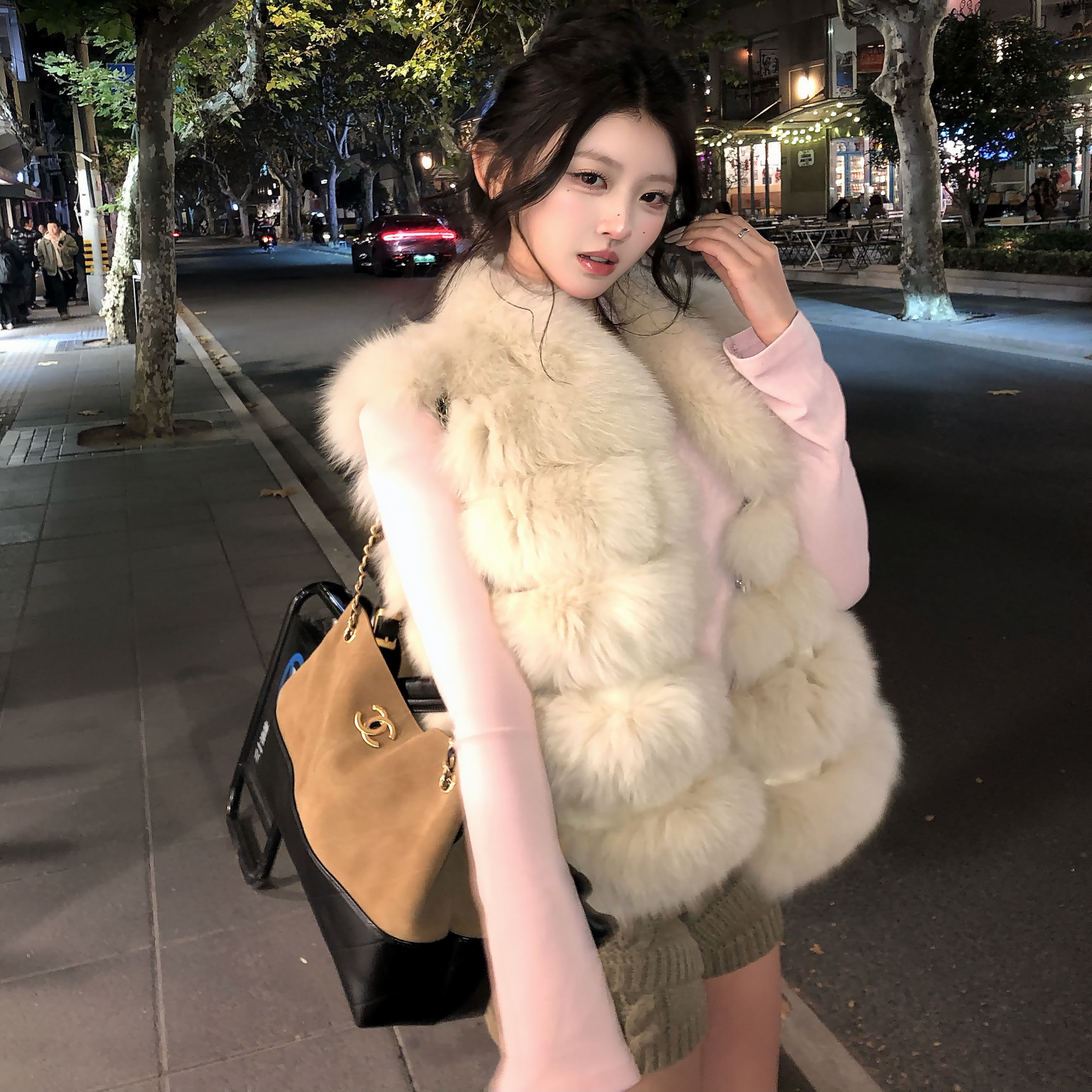 SiCii 月狐少女 真狐狸毛皮草横条马甲女冬日显瘦毛毛千金外套