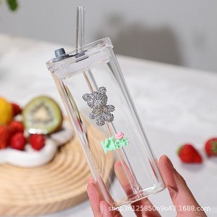 带吸管玻璃杯创意方杯方杯高颜值水杯家用带N把手透明简约跨境热