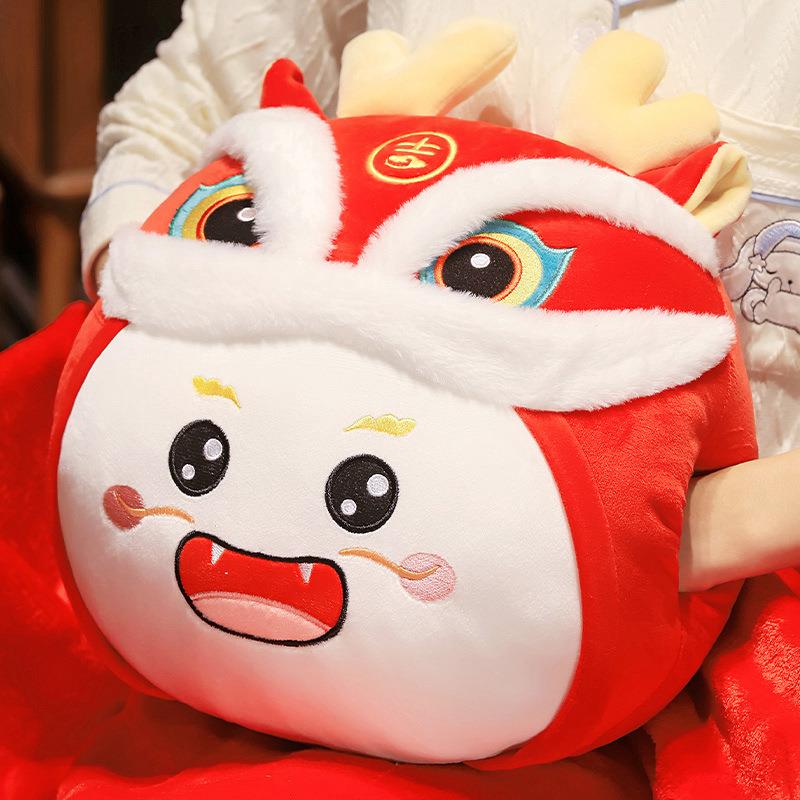 新款直销红色舞狮龙抱枕吉祥醒狮龙头暖手空调毯喜庆狮子造型玩偶