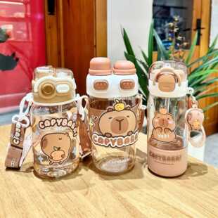 新款直销卡皮巴拉水杯女生高颜值吸管双饮塑料杯夏天便携学生透明