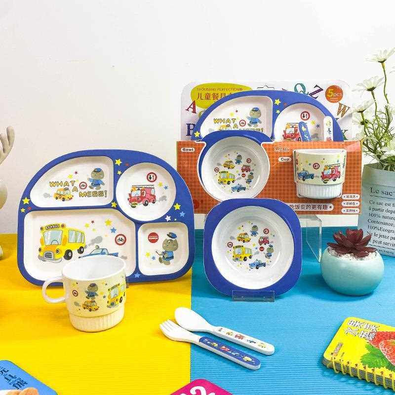 新款直销密胺竹纤维儿童套装创意卡通碗分格餐盘勺叉杯子五件套礼,餐饮具,餐具瓷器套装,淘宝优惠券,粉丝福利购,淘宝优惠卷