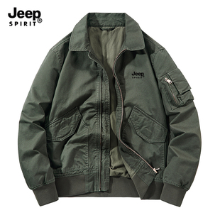 吉普正品秋冬季复古夹克纯棉男款水洗外套翻领爸爸装休闲工装茄克