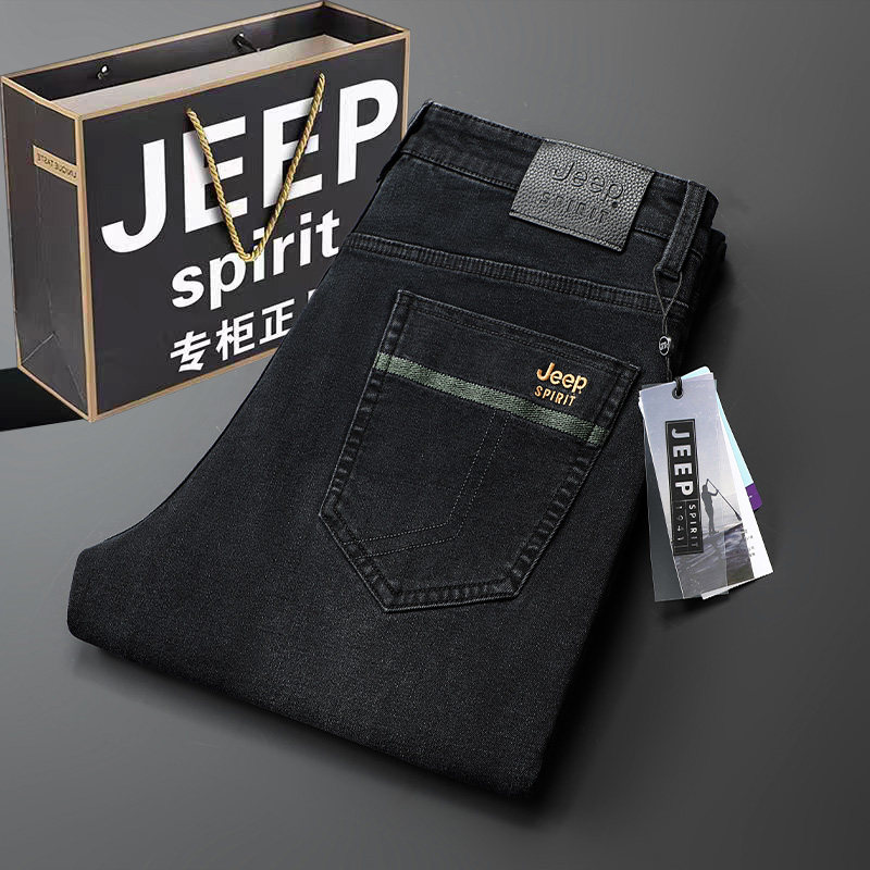 吉普秋冬季高端复古弹力牛仔裤男士高腰宽松直筒春秋款休闲长裤子
