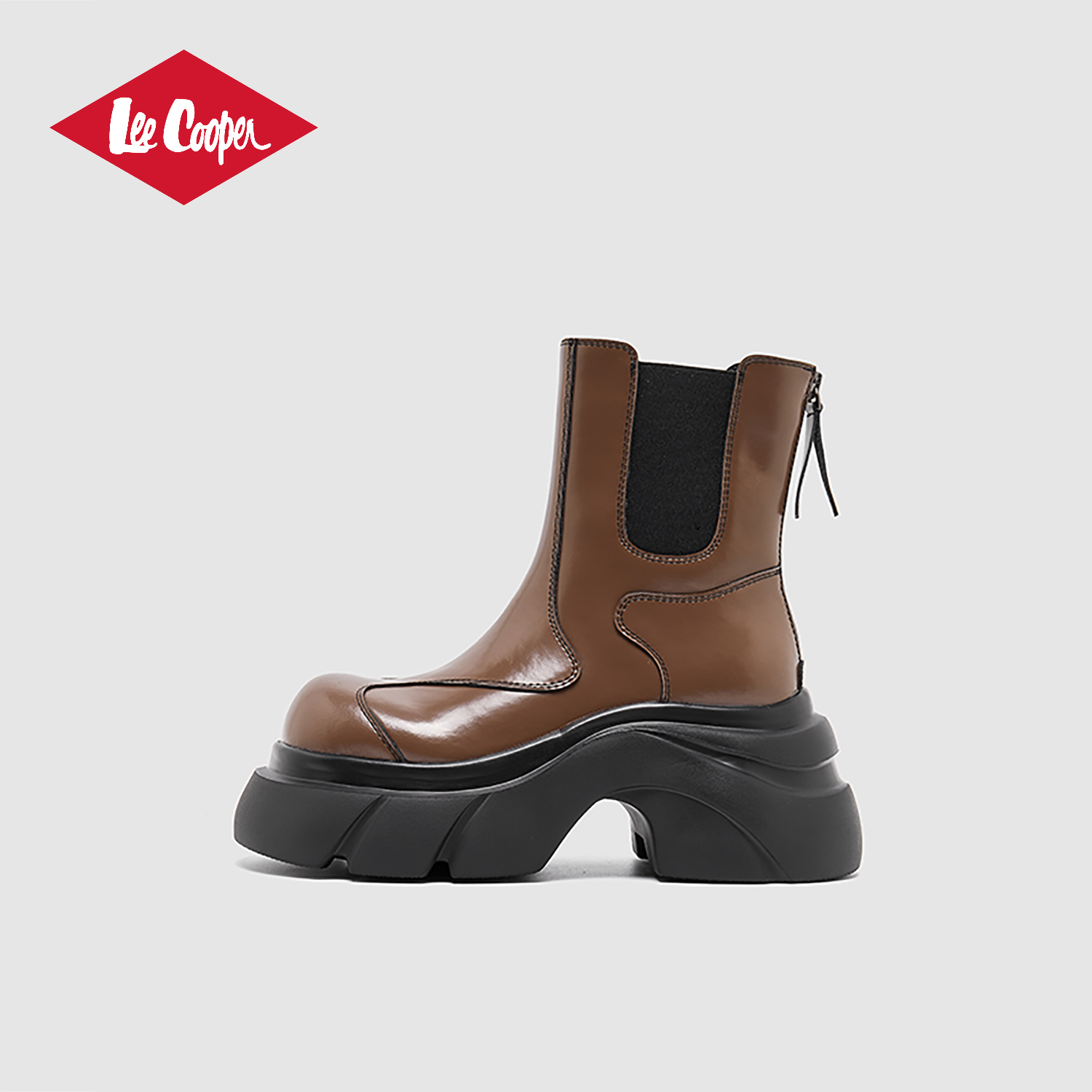 Lee Cooper厚底切尔西靴女2025秋季新款皮面时尚复古增高烟筒短靴