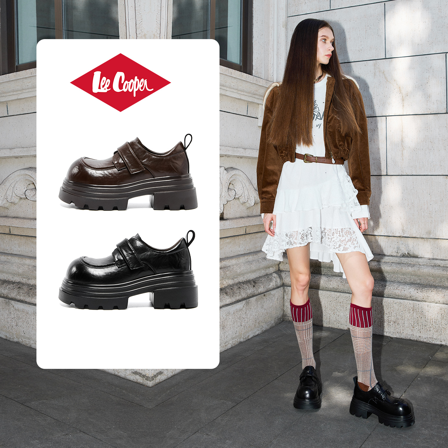 Lee Cooper黑色乐福鞋女2025新款秋季软底不累脚高跟复古休闲皮鞋