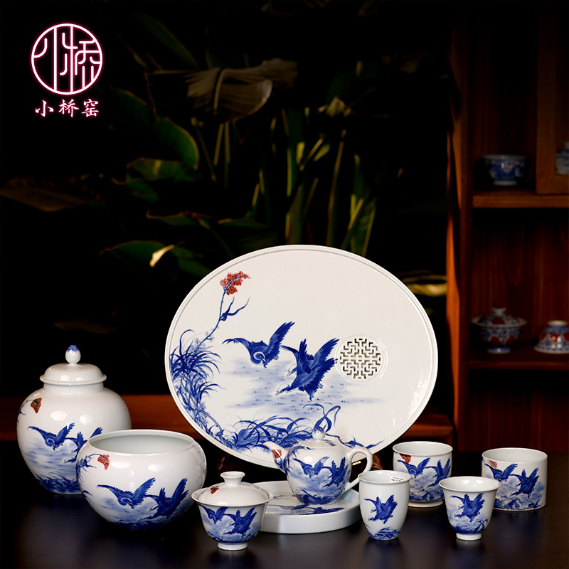 小桥窑青花釉里红茶杯盖碗茶壶