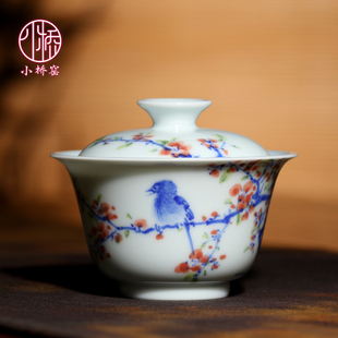 景德镇史来钟小桥窑釉下彩绘两入盖杯手绘青花写意花鸟盖碗