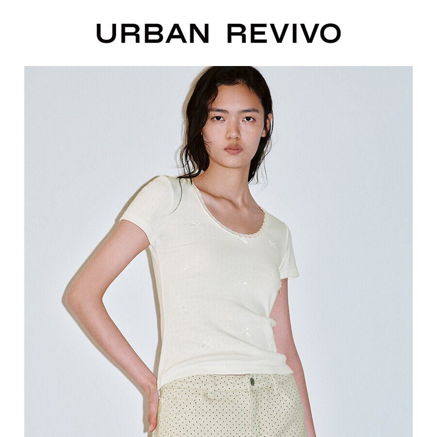 UR2026夏季新款女装都市镂空肌理蝴蝶结棉质短袖T恤UYU460083