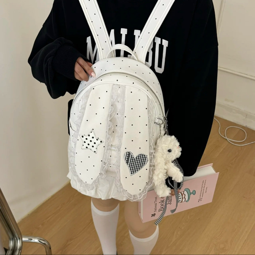 蕾丝白色波点垂耳兔双肩包包女