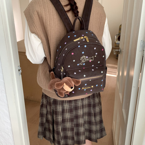 复古星星腊肠狗大容量女双肩包