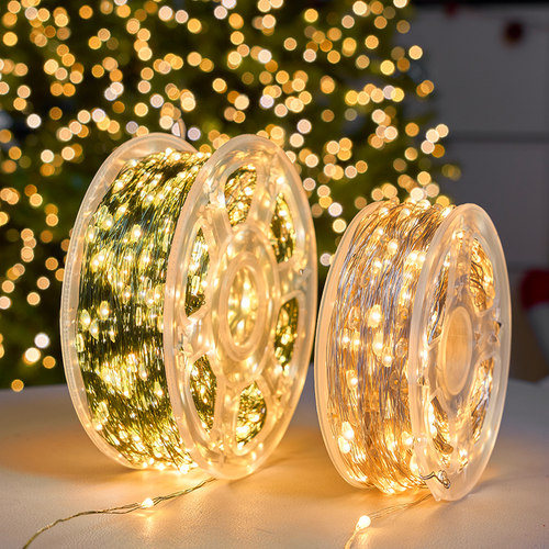 圣诞树灯串绿线铜丝灯装饰满天星户外防水圣诞节日led鞭炮灯彩灯