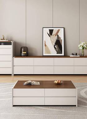 FYR纯实木高落地电视柜茶几组款中古家奶油风用客合厅储物柜轻奢