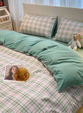 21213新水洗棉磨被毛纯棉四件套格子亲学肤生宿舍单套床笠三件款
