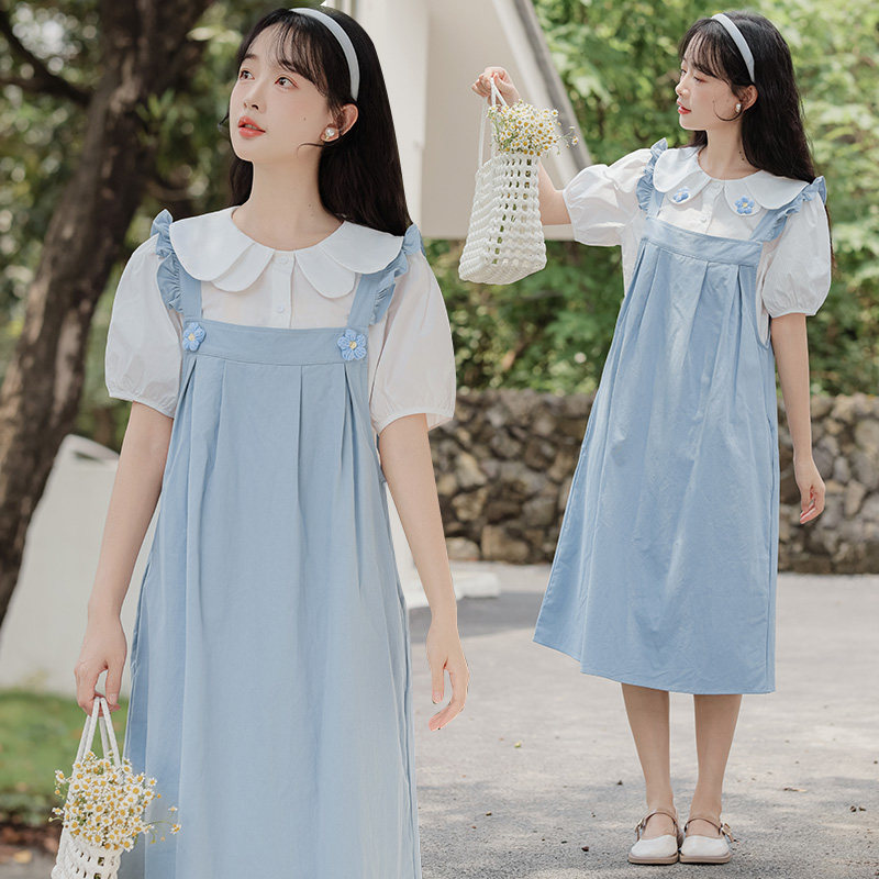 小清新学院风背带裙套装少女夏季2025新款初高中学生中长款连衣裙