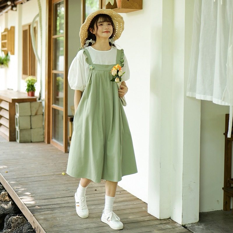 学院风背带裙两件套装少女2025夏季新款学生宽松甜美小清新连衣裙