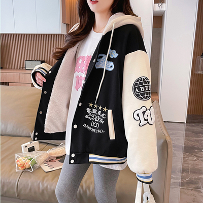 羊羔毛棉服女秋冬季小个子2025新款中学生卫衣加绒加厚棒球服外套